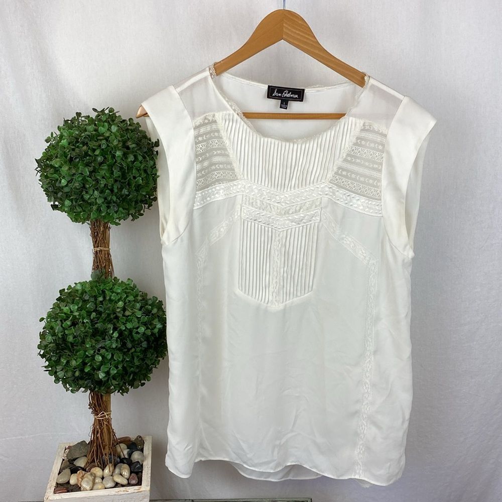 Sam Edelman Ivory Lace Trim Pleat Front Short Sleeve Blouse Top L - Picture 2 of 7